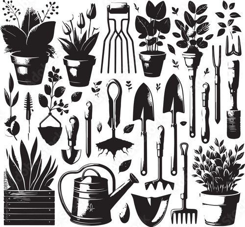 Create a garden tools icon set vector art silhouette with white background.