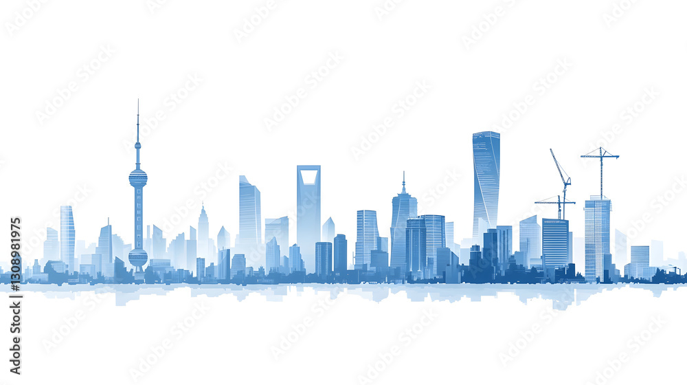 Obraz premium A blue silhouette of buildings and construction cranes on white background vector illustration 