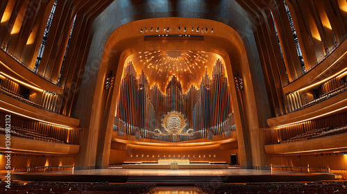 Grand concert hall featuring a stunning organ and warm lighting during an evening performance. Generative AI