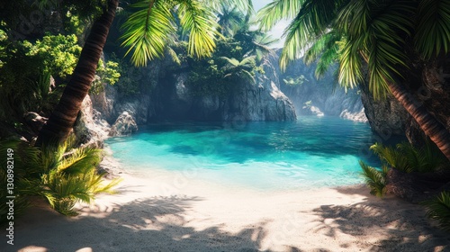 A beautiful hidden beach scene with clear turquoise water