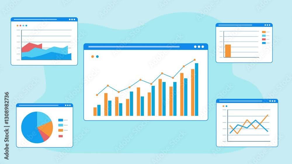 Animation of chart windows. Five web page tiles with five different ...