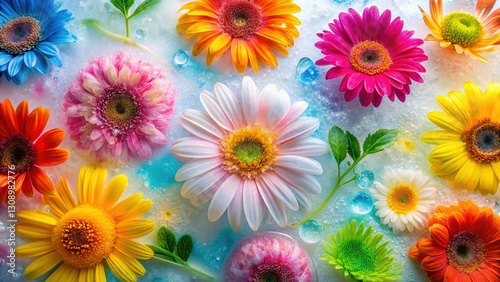 Frozen Gerberas in Milk - Abstract Colorful Background