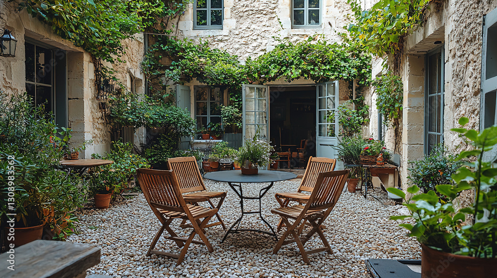 Obraz premium Cozy outdoor seating area with greenery in a charming stone courtyard during daylight. Generative AI