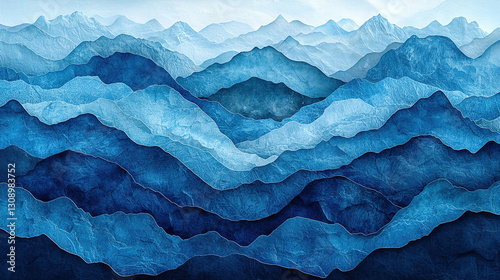 Layers of blue mountains create a serene landscape showcasing varying textures and shades in peaceful harmony. Generative AI