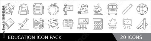 Education Icon Pack with Line Art Design, A set of 20 minimalist line-style education icons, including school supplies, books, learning tools, and academic symbols for digital and print use. 
