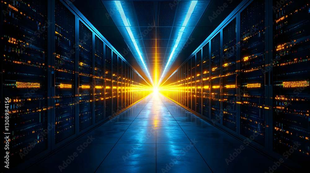 Symmetrical View Down a Server Room Aisle Lined with Racks of Technology Illuminated by Blue and Orange Lighting Symmetrical View Down a Server Room Aisle Lined with Racks of Technology Illuminated by Blue and Orange Lighting