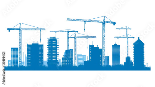 A blue silhouette of buildings and construction cranes on white background vector illustration
