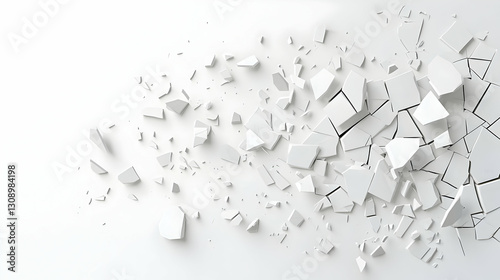 Abstract White Geometric Shapes Exploding on Bright Background