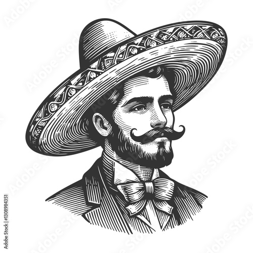serious man wearing a traditional sombrero and formal suit with a bow tie, showcasing cultural elegance and heritage sketch engraving generative ai vector illustration. Scratch board. Black and white.