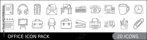 Office Icon Pack with Minimalist Line Design, A collection of 20 clean line-style office icons, featuring workspace essentials like desks, stationery, communication tools, and office supplies. 