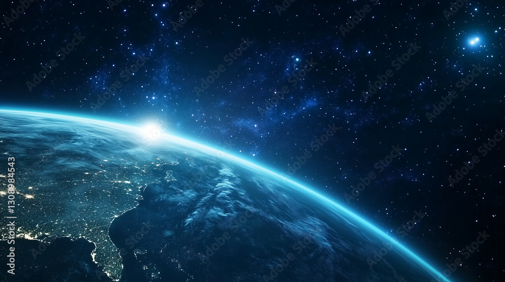 Naklejka premium Apocalyptic Celestial Encounter: Glowing Asteroid on Collision Course with Earth Amidst Cosmic Splendor