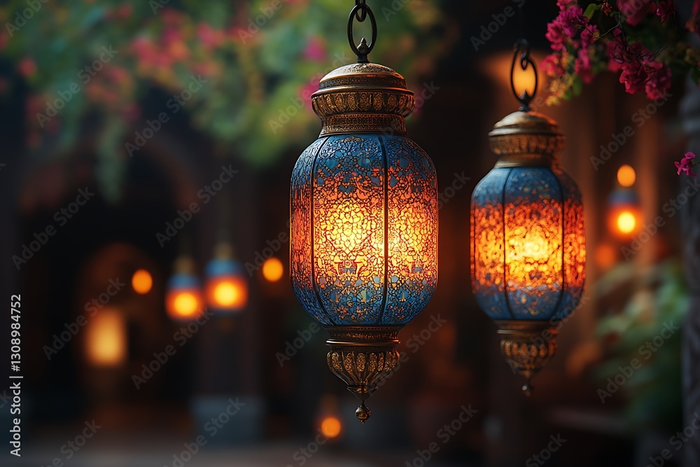 Brightly Lit Ornate Lanterns Hanging in Flower Adorned Corridor Brightly Lit Ornate Lanterns Hanging in Flower Adorned Corridor