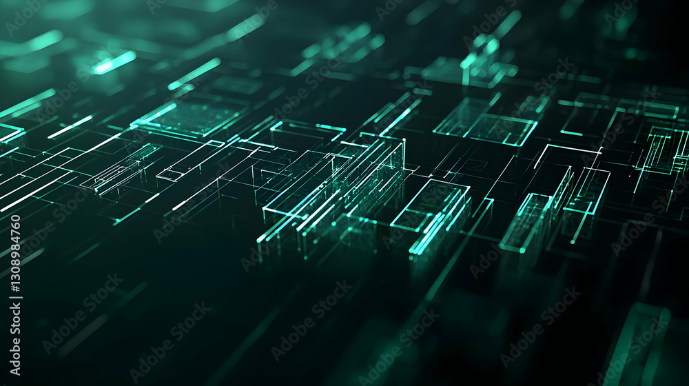 Obraz premium Abstract Digital Technology Network Circuit Board With Glowing Green Lines and Shapes in Dark Environment