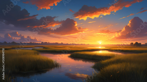 Golden Marsh Sunset Over Tranquil Waters with a Vibrant Sky Reflection
