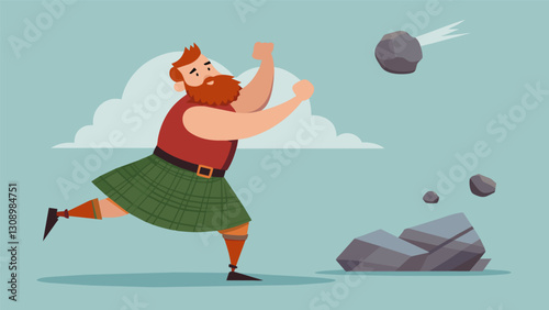 A burly man clad in tartan prepares for the famous stone put his kilt billowing in the breeze.. Vector illustration