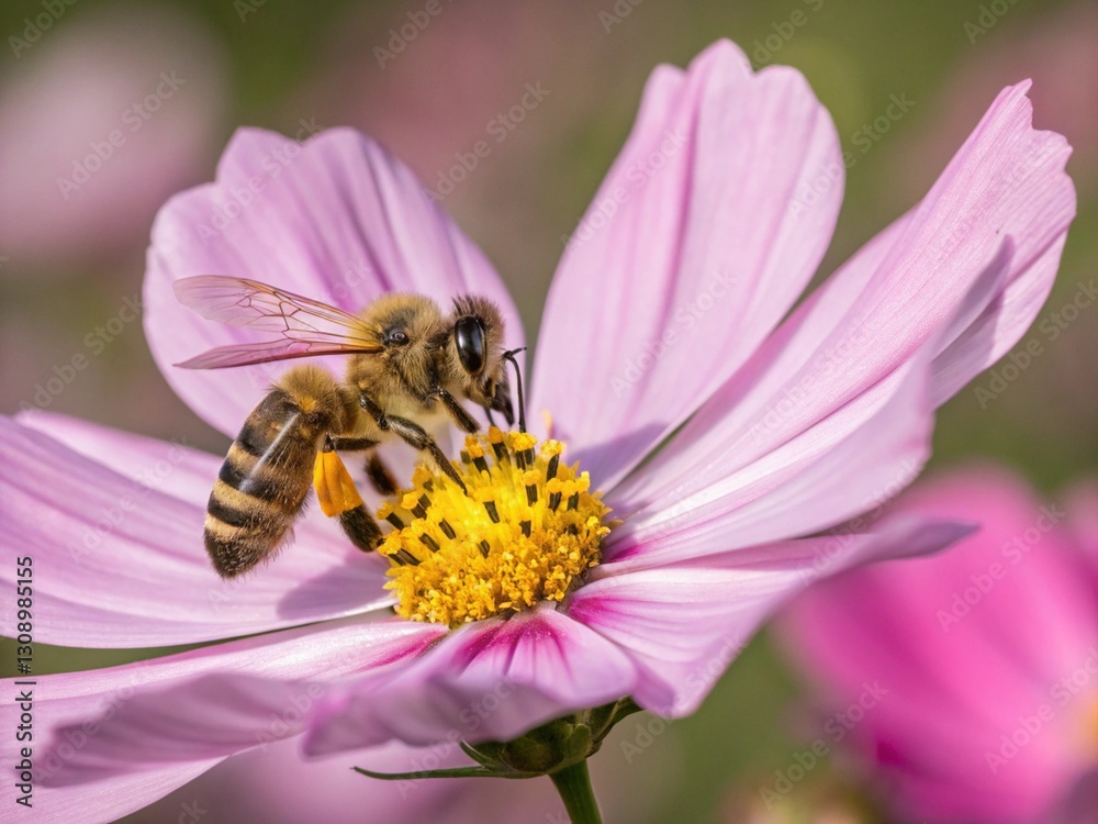 A bee is collecting pollen from a pink flower A bee is collecting pollen from a pink flower