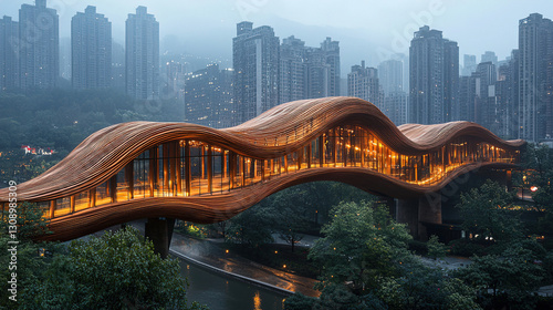 Modern pedestrian bridge illuminated at dusk amidst towering city buildings in a vibrant urban setting. Generative AI
