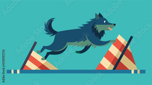 A blur of fur and determination the dog races up and over the Aframe completing the agility course in record time with its trainers guidance.. Vector illustration