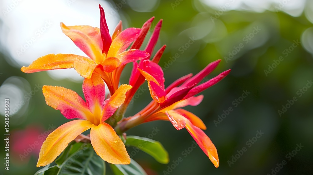 Vibrant Orange and Red Tropical Flowers with Dew Drops Vibrant Orange and Red Tropical Flowers with Dew Drops