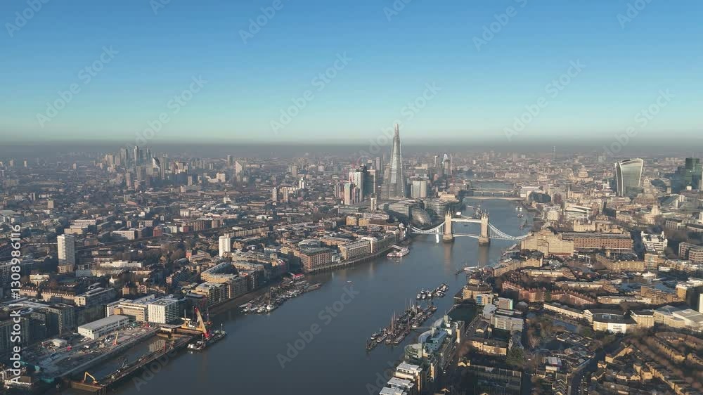 Epic aerial drone footage soaring from East to West London, revealing the stunning city skyline and the iconic Tower Bridge in breath-taking detail. Perfect for cinematic urban visuals.