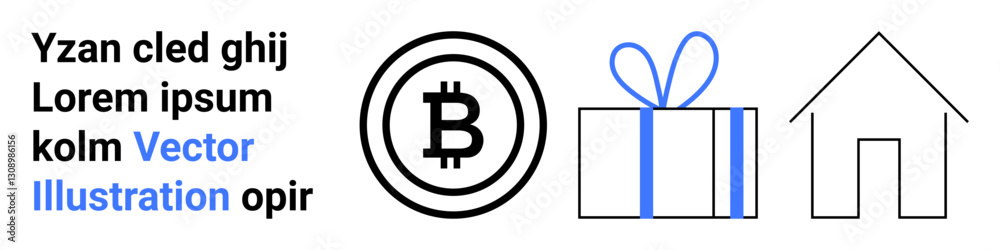 Bitcoin logo in circle, wrapped gift with bow in blue, simple house outline. Ideal for finance, digital assets, gift-giving, real estate, minimalism design layout education. Landing page Bitcoin logo in circle, wrapped gift with bow in blue, simple house outline. Ideal for finance, digital assets, gift-giving, real estate, minimalism design layout education. Landing page