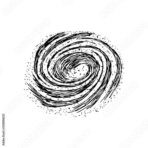 Hand-drawn black rough textured sketch of swirling spiral lines and dots vortex.