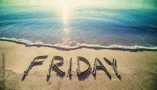 Serene beach scene with the word 'FRIDAY' written in sand, reflecting weekend vibes.
