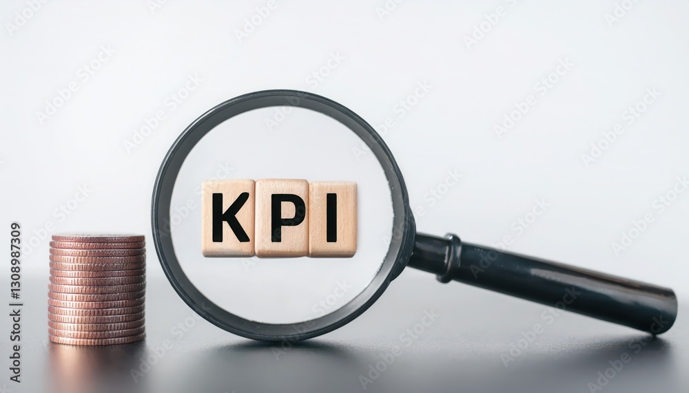 A magnifying glass focuses on KPI letters with coins in the background, symbolizing metrics.