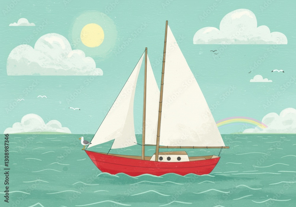 Fototapeta premium Charming red sailboat on a sunny day with clouds and seagull in a serene seascape