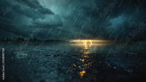 Thunderstorm showcases an abstract power. Lightning and rain fill the dark, stormy sky.