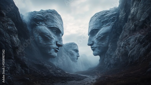 Enormous stone heads emerge from the walls of a foggy canyon, creating an eerie and dramatic atmosphere. The otherworldly scene is perfect for fantasy or horror themes, evoking a sense of mystery and