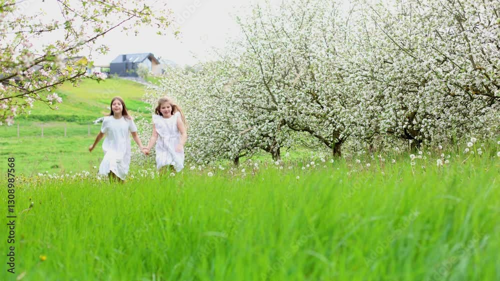 two friends in flowing white dresses joyfully run through a vibrant botanical garden during spring. Surrounded by lush greenery and blooming trees, their laughter two friends in flowing white dresses joyfully run through a vibrant botanical garden during spring. Surrounded by lush greenery and blooming trees, their laughter