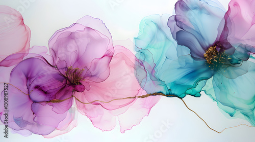 Alcohol ink painting with thin gold or silver leading lines, featuring pink and blue hues blending in a luxurious abstract composition.