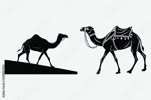 A camel walking in the desert silhouette design vector art and illustration