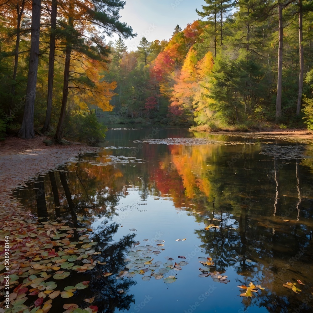 Fototapeta premium Autumn Bliss: A Serene Pond in a Luminous Forest