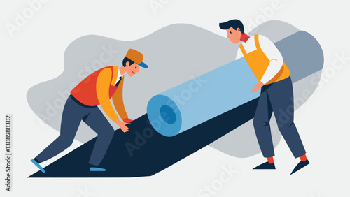 Two workers using a large roll of felt paper to create a protective layer before beginning to install the shingles.. Vector illustration