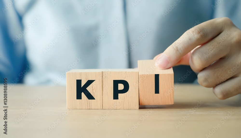 Naklejka premium A hand adjusting KPI blocks on a table, symbolizing performance measurement.