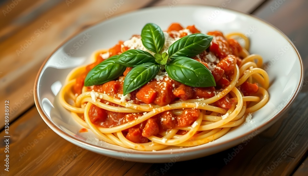 Spaghetti Pasta with Tomato Sauce, Basil and Parmesan Cheese on Plate Spaghetti Pasta with Tomato Sauce, Basil and Parmesan Cheese on Plate