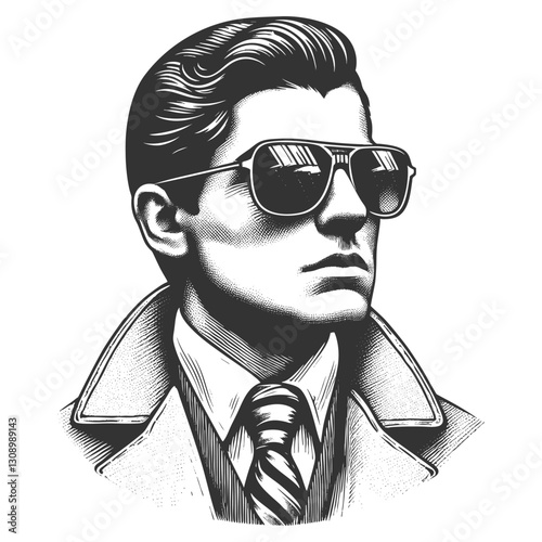 Mafioso man wearing a suit, tie, and sunglasses, exuding sophistication and elegance sketch engraving generative ai vector illustration. Scratch board imitation. Black and white image.