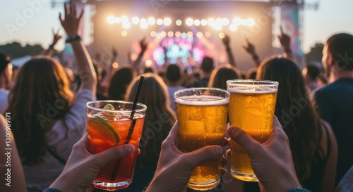 People toasting with drinks at an outdoor music festival concert