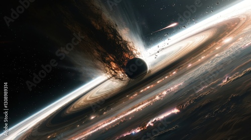 Abstract black hole in a dark sky with light rays, Black hole abstract with a swirling nebula and stars.