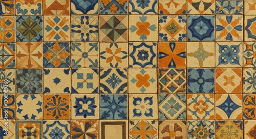 Colorful ceramic tile pattern with geometric and floral designs in blue and orange