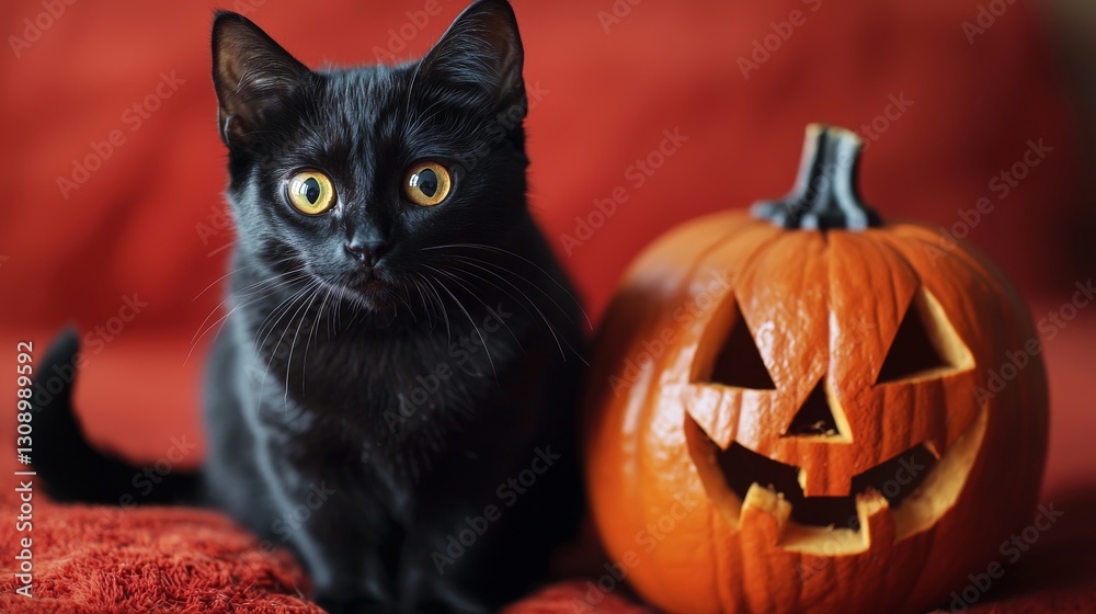 Charming Black Cat with a Jack-O'-Lantern for Halloween Charming Black Cat with a Jack-O'-Lantern for Halloween