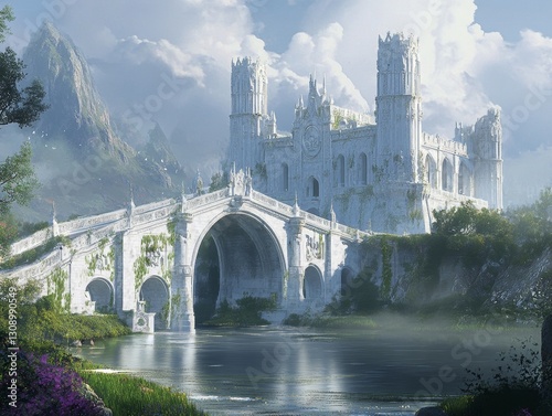 A massive white marble bridge leads to the entrance of an ancient fantasy castle with tall towers and arches. The scene is set against a backdrop of rolling hills under a twilight sky