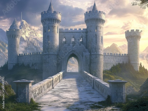 A massive white marble bridge leads to the entrance of an ancient fantasy castle with tall towers and arches. The scene is set against a backdrop of rolling hills under a twilight sky