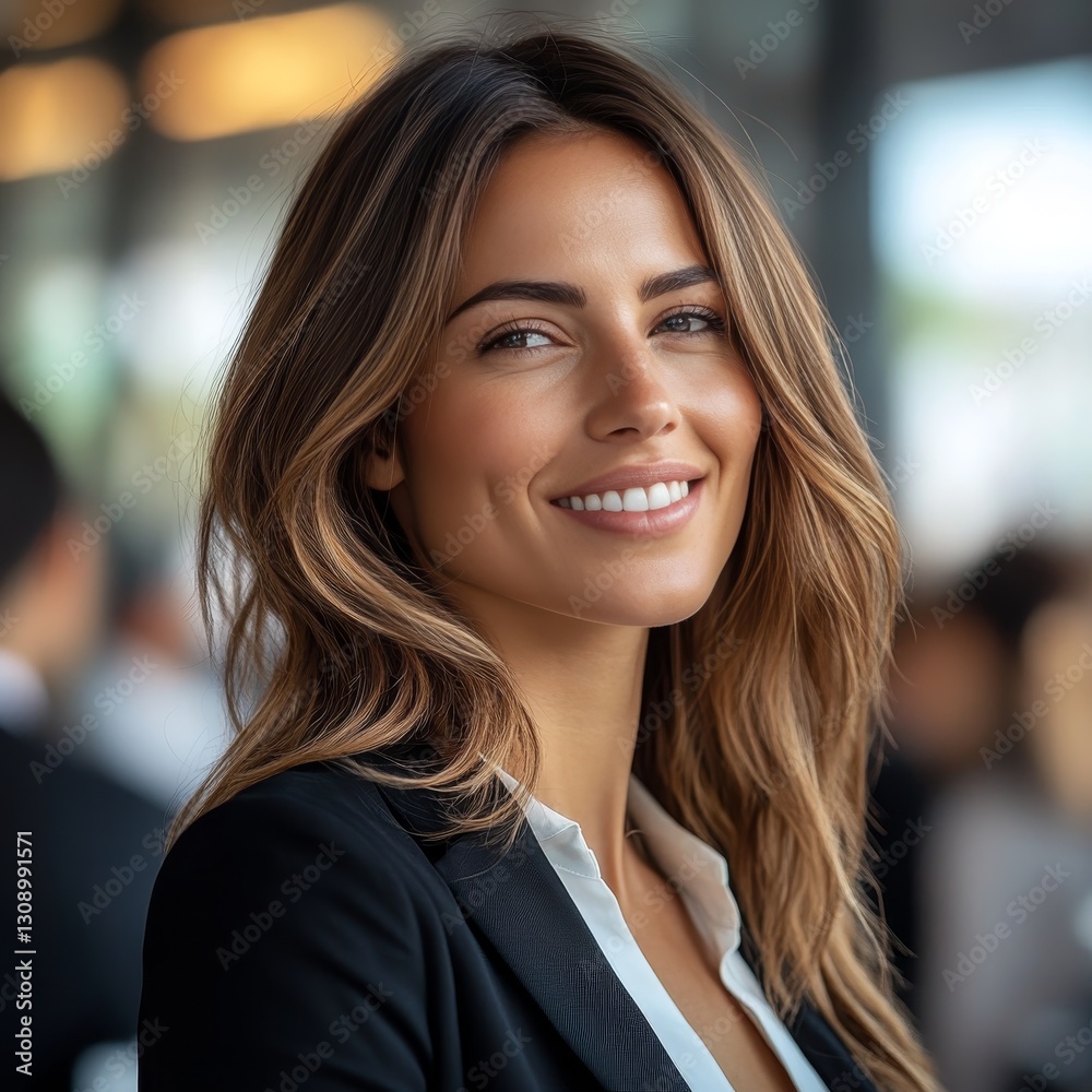 Elegant businesswoman smiling in office environment with blurred colleagues behind her