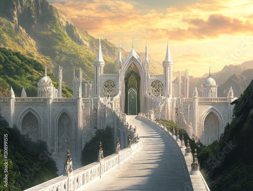 Concept art of the white marble Elven city walls, fantasy architecture with large arches and towers