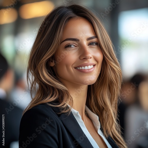 Elegant businesswoman smiling in office environment with blurred colleagues behind her