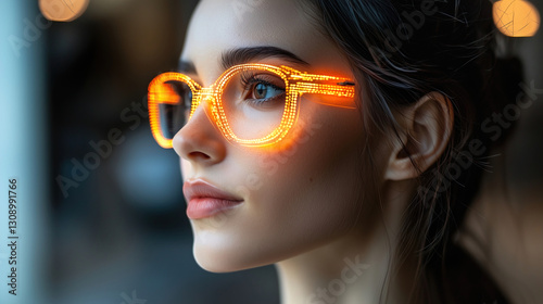 Girl wearing innovative glowing glasses in a cozy indoor setting at evening. Generative AI