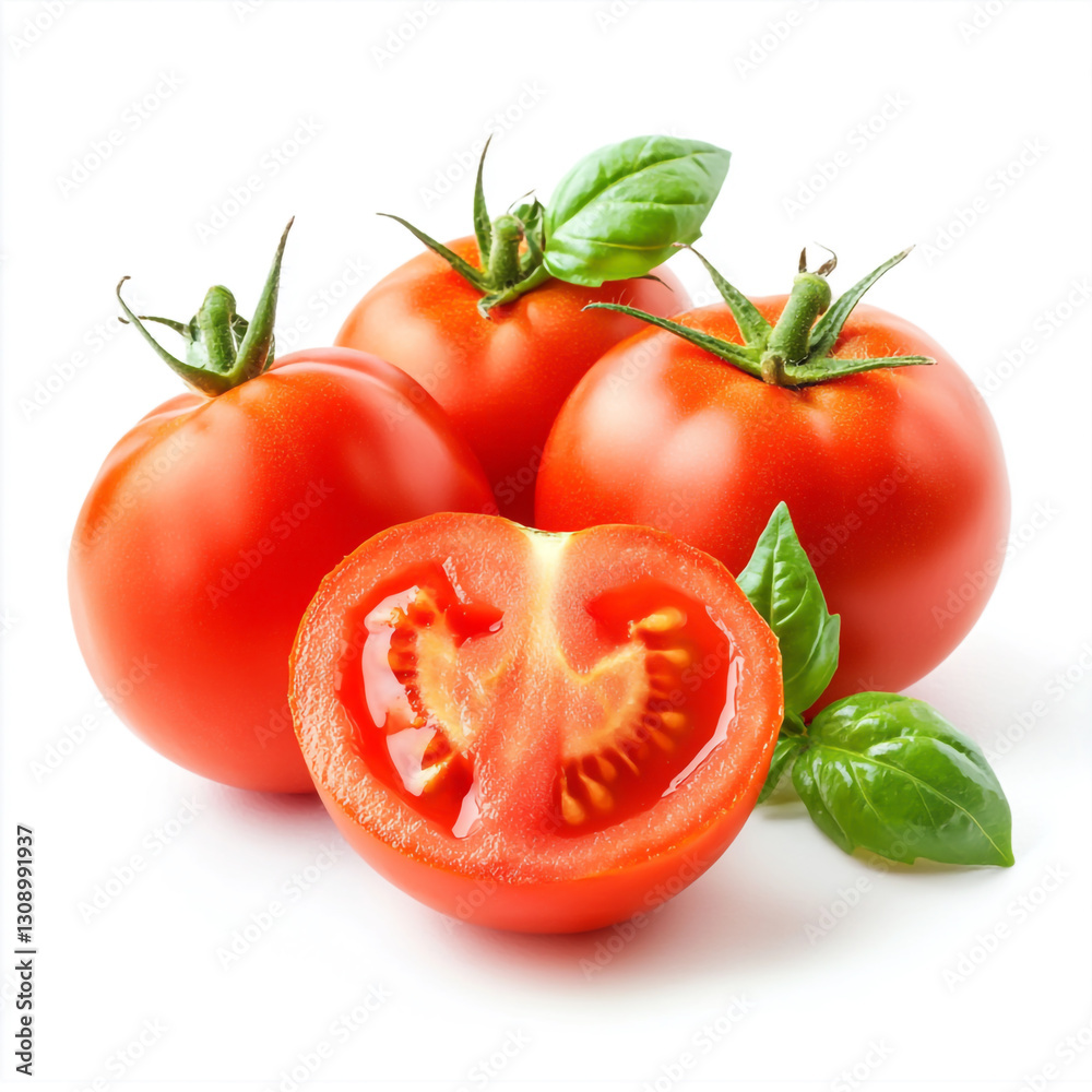 Delicious ripe tomatoes with basil leaves, cut out isolated on white background full depth of feild. Delicious ripe tomatoes with basil leaves, cut out isolated on white background full depth of feild.